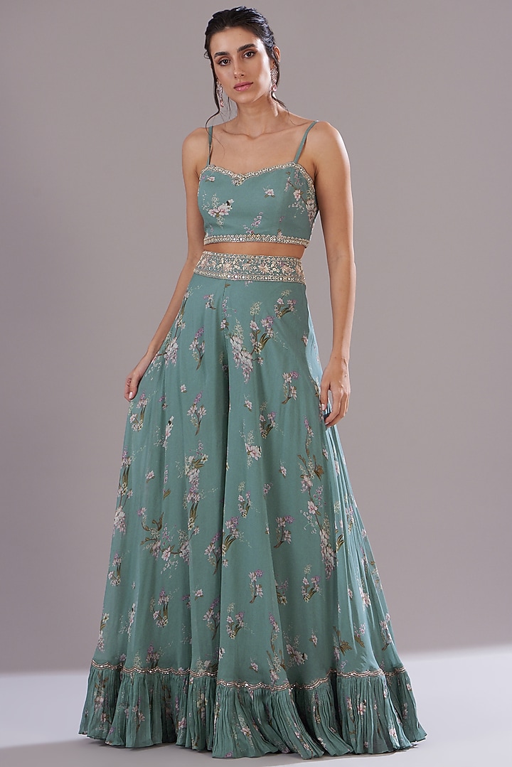 Ice Blue Georgette Printed & Embroidered Jacket Set by Sana Barreja at Pernia's Pop Up Shop