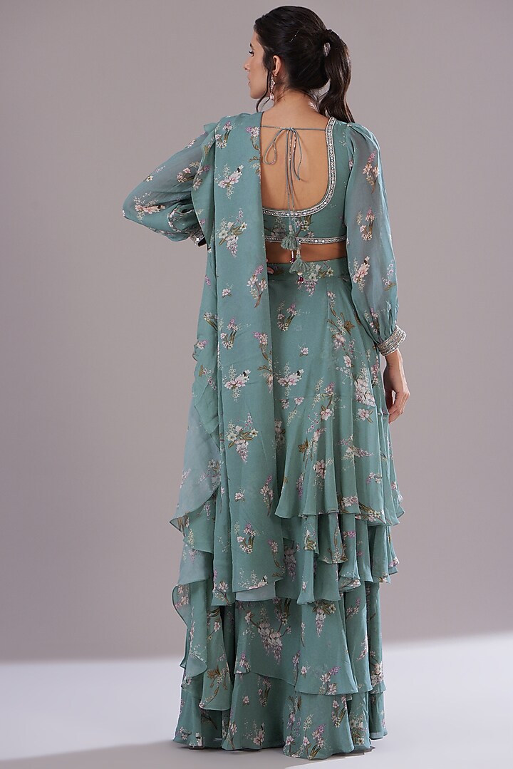 Ice Blue Georgette Printed Wedding Saree Set by Sana Barreja at Pernia's Pop Up Shop