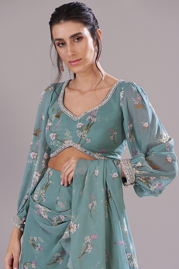 Ice Blue Georgette Printed Wedding Saree Set by Sana Barreja at Pernia's Pop Up Shop