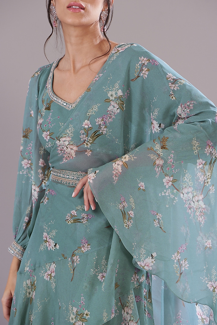 Ice Blue Georgette Printed Wedding Saree Set by Sana Barreja at Pernia's Pop Up Shop