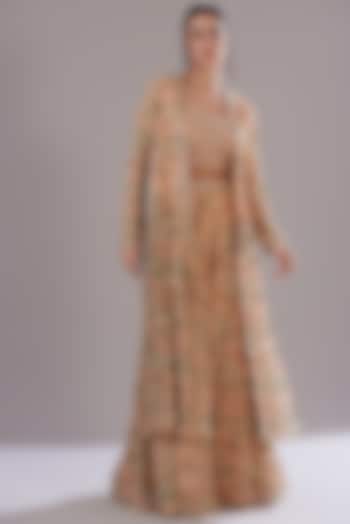 Peach Georgette Printed & Embroidered Jacket Set by Sana Barreja at Pernia's Pop Up Shop