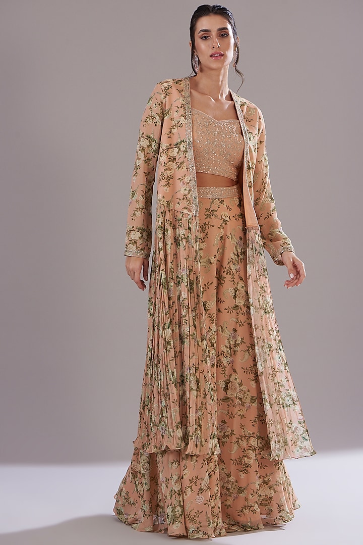 Peach Georgette Printed & Embroidered Jacket Set by Sana Barreja at Pernia's Pop Up Shop