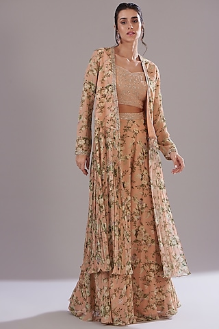 Peach Georgette Printed & Embroidered Jacket Set by Sana Barreja