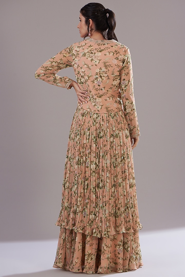 Peach Georgette Printed & Embroidered Jacket Set by Sana Barreja at Pernia's Pop Up Shop