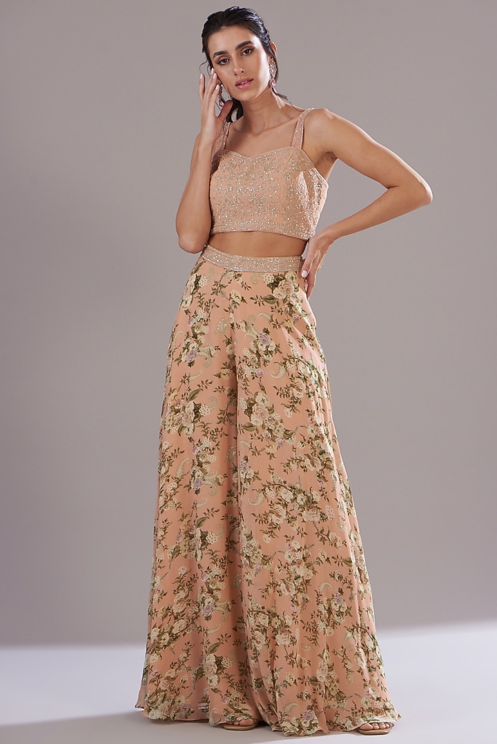Peach Georgette Printed & Embroidered Jacket Set by Sana Barreja at Pernia's Pop Up Shop