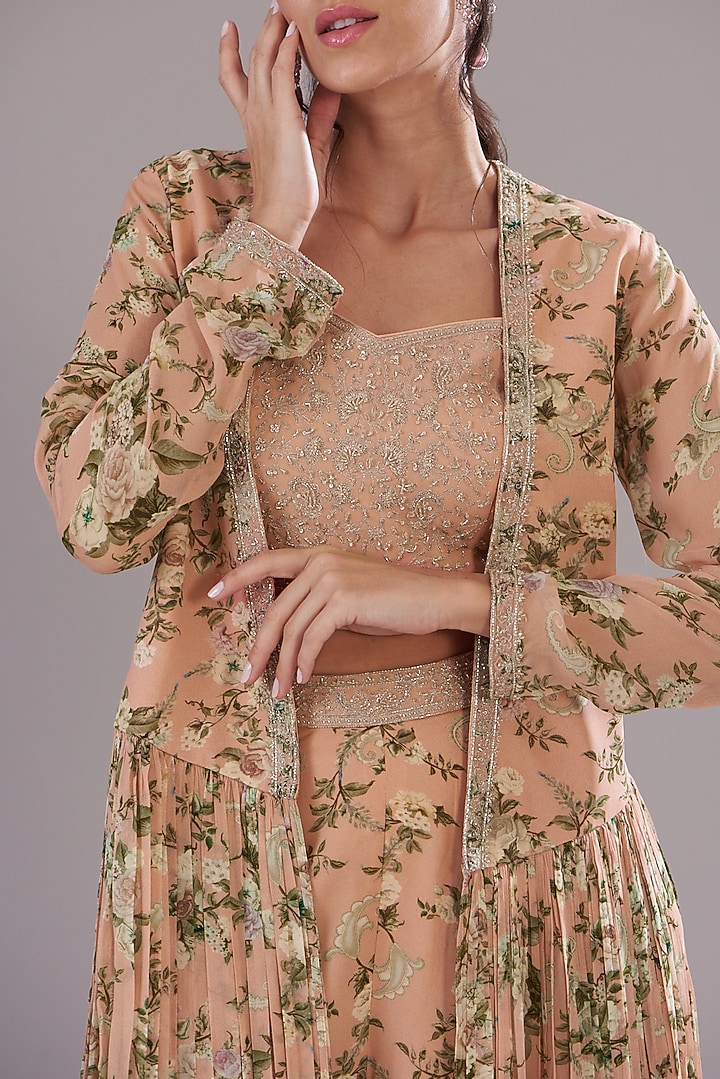 Peach Georgette Printed & Embroidered Jacket Set by Sana Barreja at Pernia's Pop Up Shop