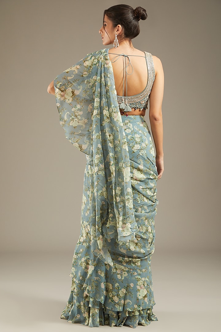 Ice Blue Georgette Printed Wedding Saree Set by Sana Barreja at Pernia's Pop Up Shop