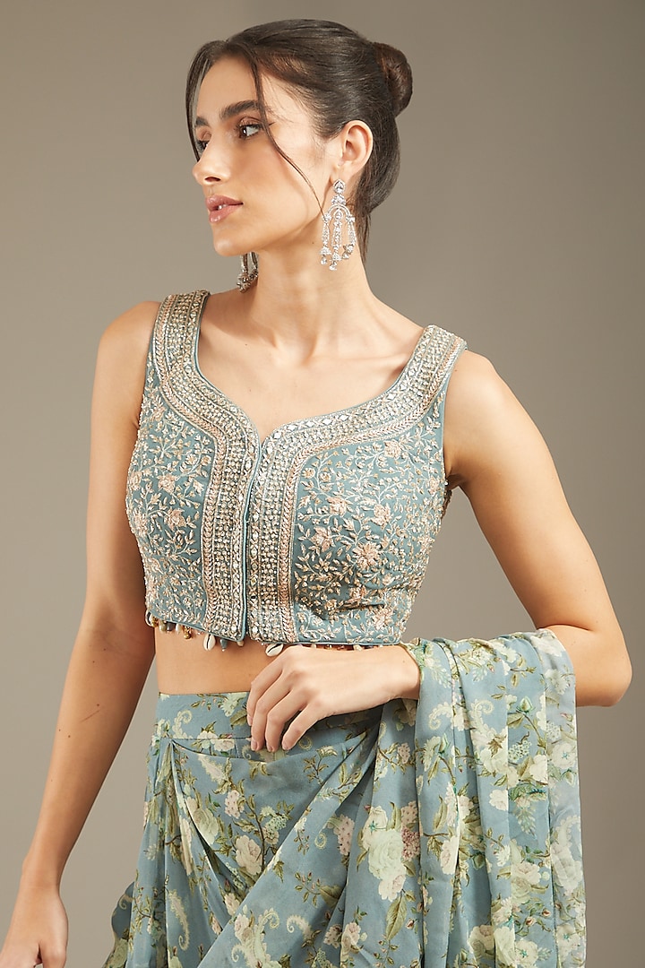 Ice Blue Georgette Printed Wedding Saree Set by Sana Barreja at Pernia's Pop Up Shop