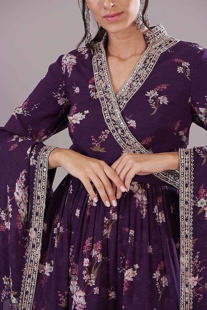 Purple Georgette Printed Wedding Lehenga Set by Sana Barreja at Pernia's Pop Up Shop