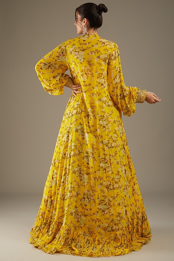 Yellow Georgette Printed Jacket Wedding Lehenga Set by Sana Barreja at Pernia's Pop Up Shop