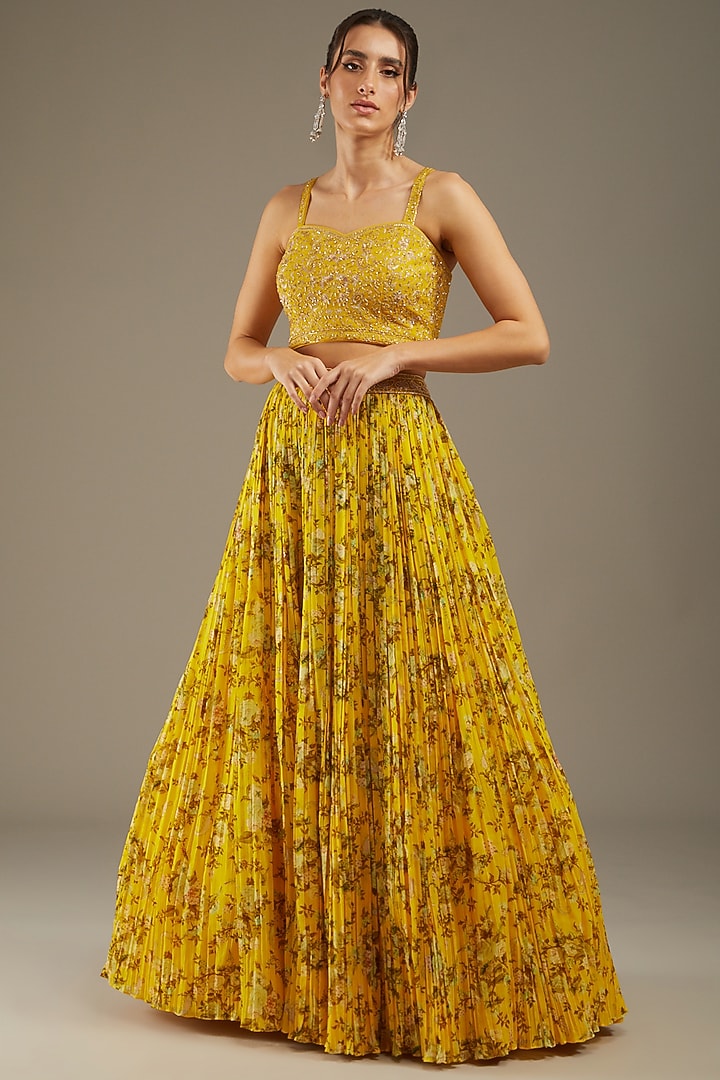 Yellow Georgette Printed Jacket Wedding Lehenga Set by Sana Barreja at Pernia's Pop Up Shop