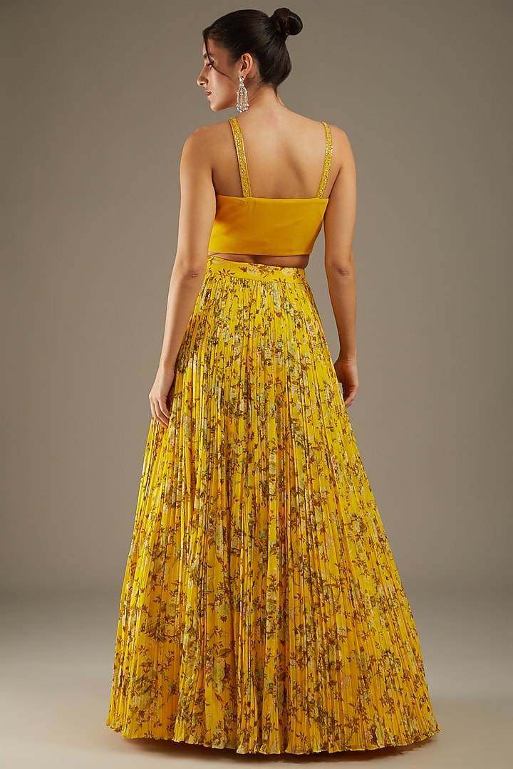 Yellow Georgette Printed Jacket Wedding Lehenga Set by Sana Barreja at Pernia's Pop Up Shop