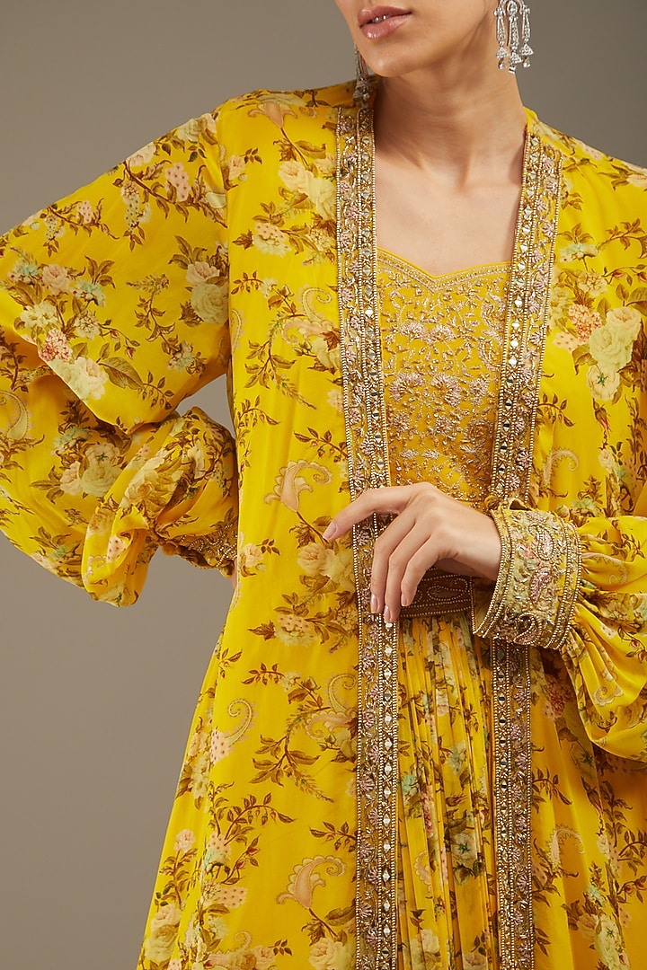 Yellow Georgette Printed Jacket Wedding Lehenga Set by Sana Barreja at Pernia's Pop Up Shop