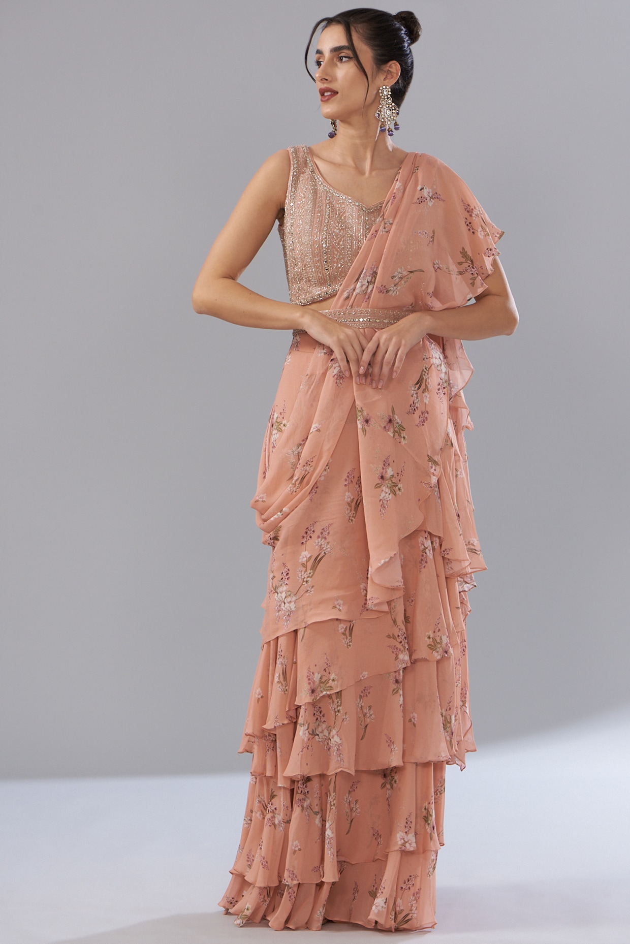 Peach Printed Ruffle Saree