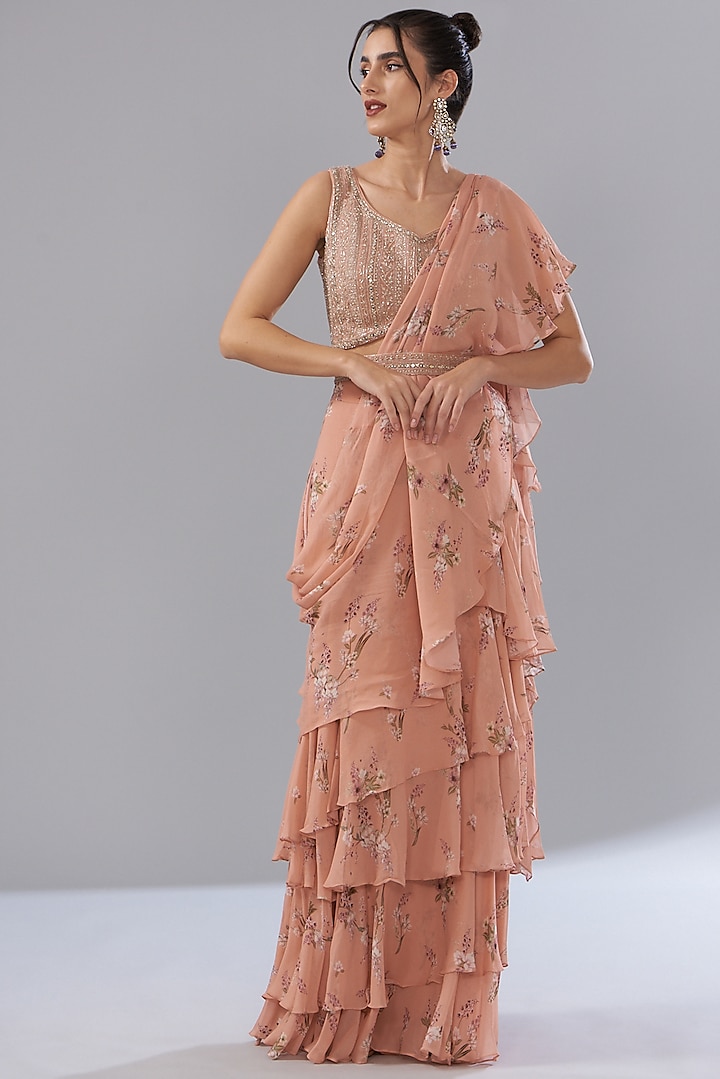 Peach Georgette Paisley Printed Saree Set by Sana Barreja