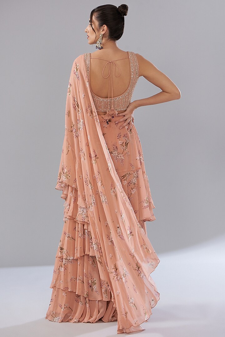 Peach Georgette Paisley Printed Wedding Saree Set by Sana Barreja at Pernia's Pop Up Shop