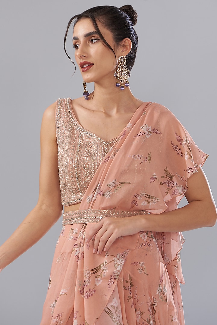 Peach Georgette Paisley Printed Wedding Saree Set by Sana Barreja at Pernia's Pop Up Shop
