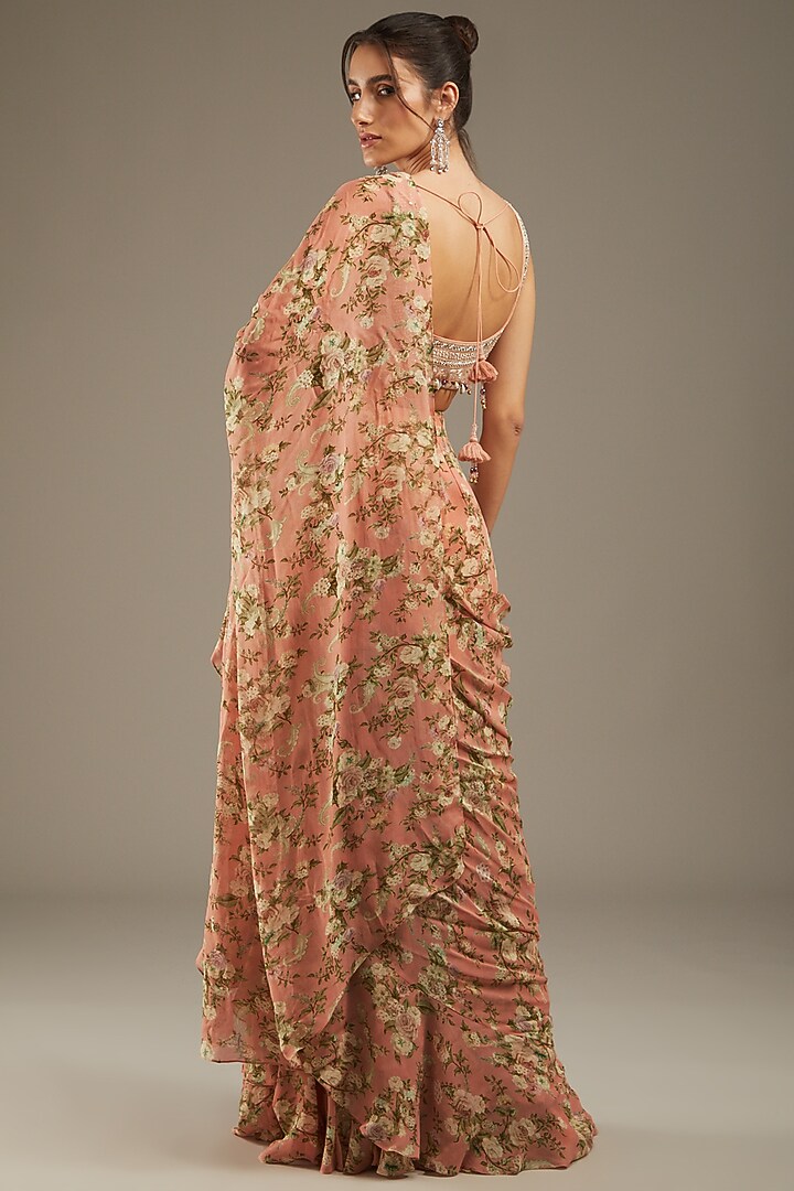 Peach Georgette Printed Wedding Saree Set by Sana Barreja at Pernia's Pop Up Shop