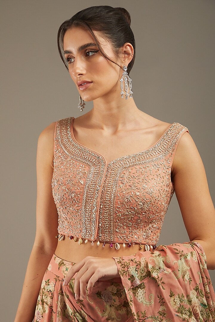 Peach Georgette Printed Wedding Saree Set by Sana Barreja at Pernia's Pop Up Shop
