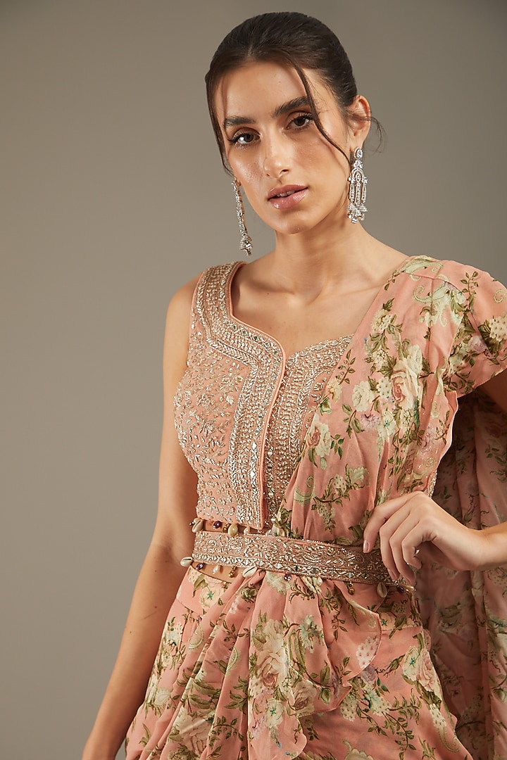 Peach Georgette Printed Wedding Saree Set by Sana Barreja at Pernia's Pop Up Shop