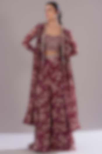 Red Georgette Printed & Embroidered Jacket Set by Sana Barreja at Pernia's Pop Up Shop