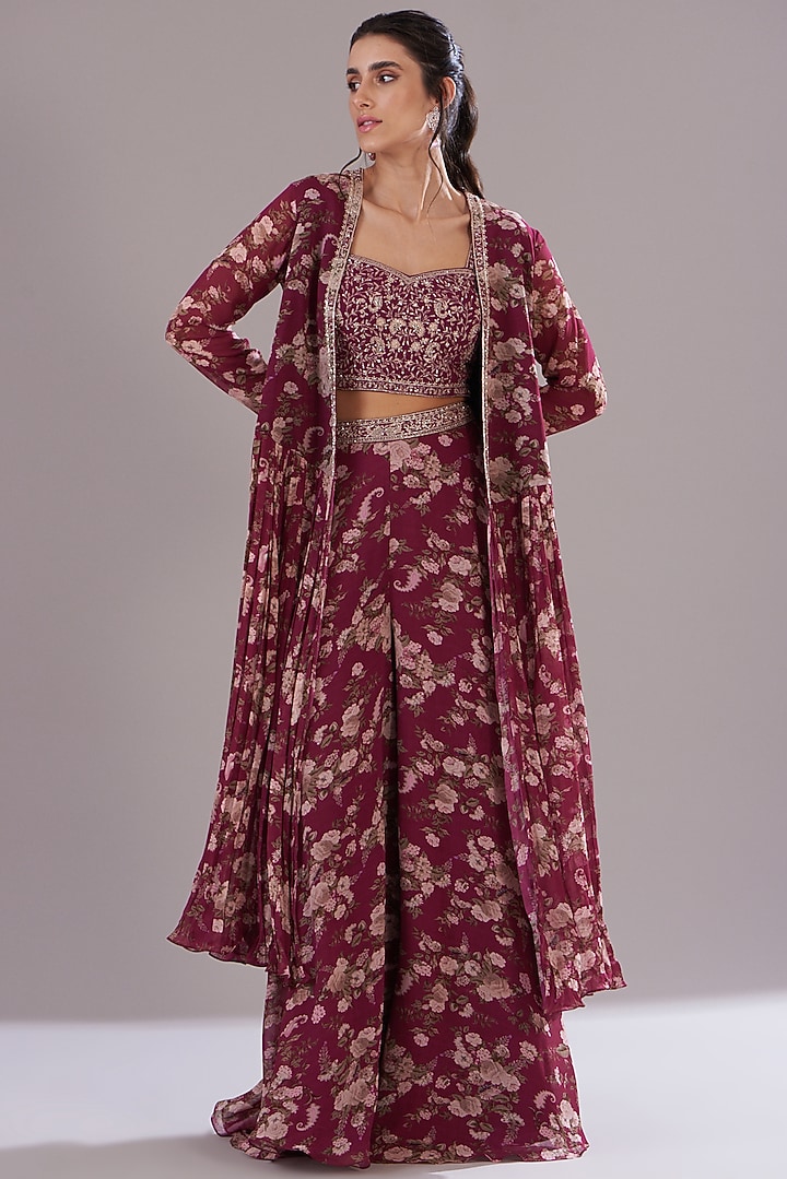 Red Georgette Printed & Embroidered Jacket Set by Sana Barreja at Pernia's Pop Up Shop