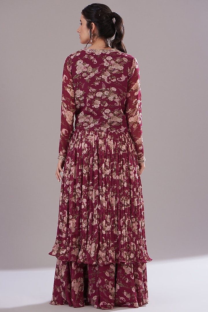 Red Georgette Printed & Embroidered Jacket Set by Sana Barreja at Pernia's Pop Up Shop