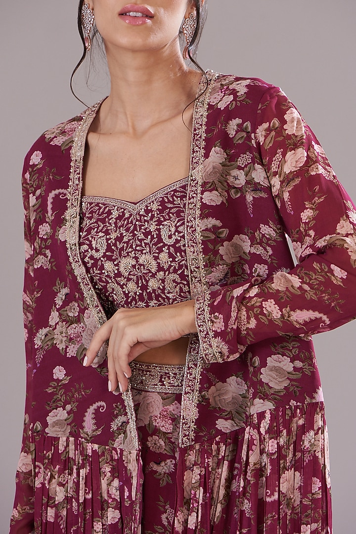 Red Georgette Printed & Embroidered Jacket Set by Sana Barreja at Pernia's Pop Up Shop