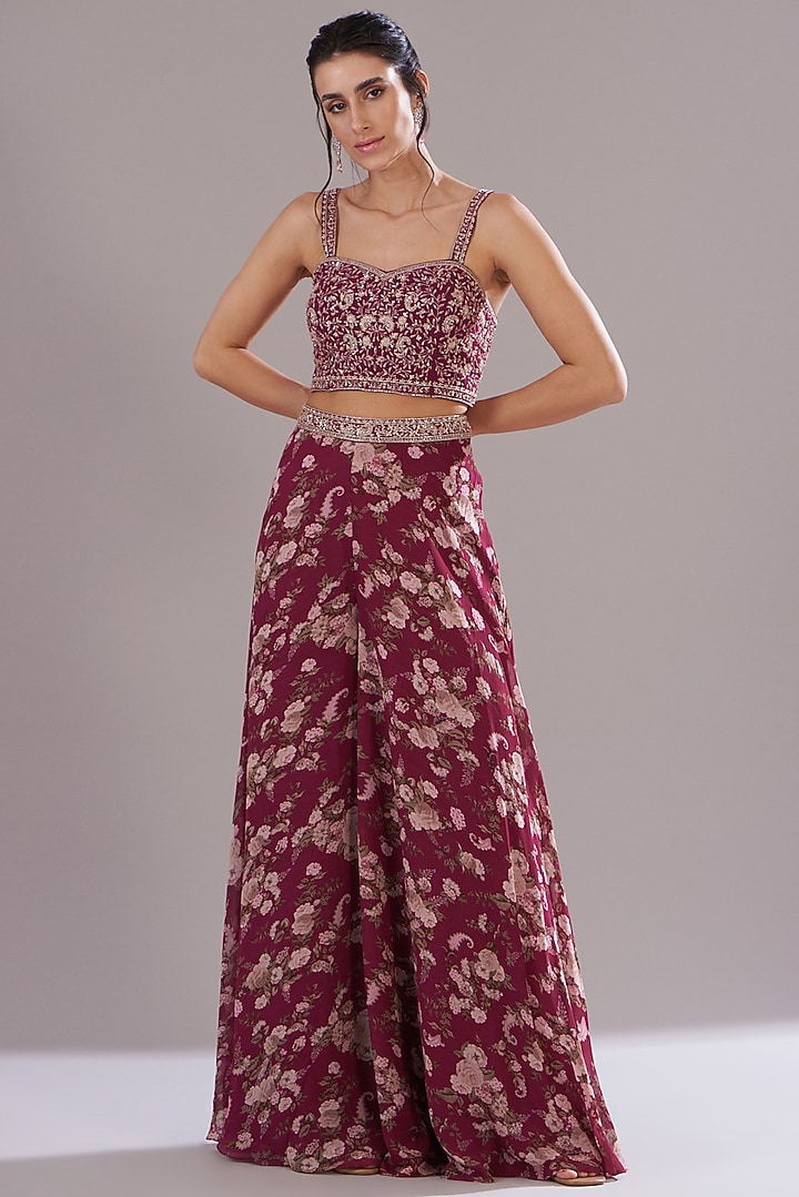 Red Georgette Printed & Embroidered Jacket Set by Sana Barreja at Pernia's Pop Up Shop