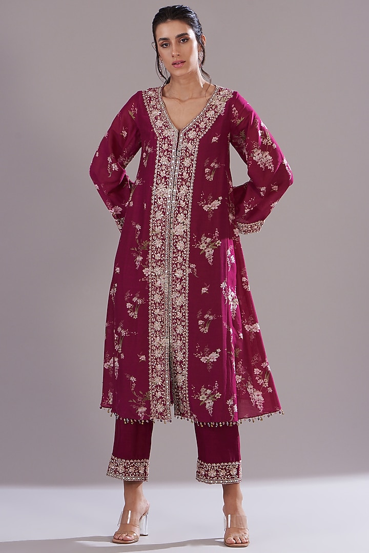 Red Chanderi Silk Printed & Embroidered Kurta Set by Sana Barreja at Pernia's Pop Up Shop