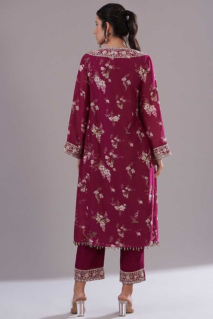 Red Chanderi Silk Printed & Embroidered Kurta Set by Sana Barreja at Pernia's Pop Up Shop