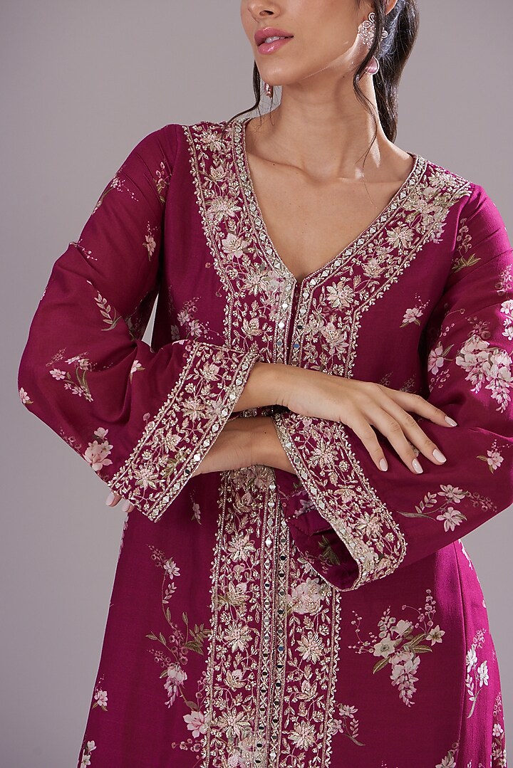 Red Chanderi Silk Printed & Embroidered Kurta Set by Sana Barreja at Pernia's Pop Up Shop