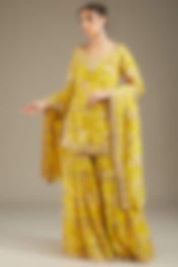 Yellow Georgette Printed & Hand Embroidered Gharara Set by Sana Barreja
