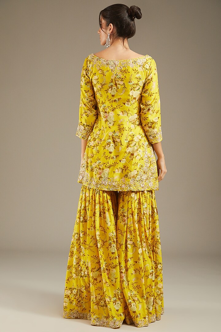 Yellow Georgette Printed & Hand Embroidered Gharara Set by Sana Barreja at Pernia's Pop Up Shop