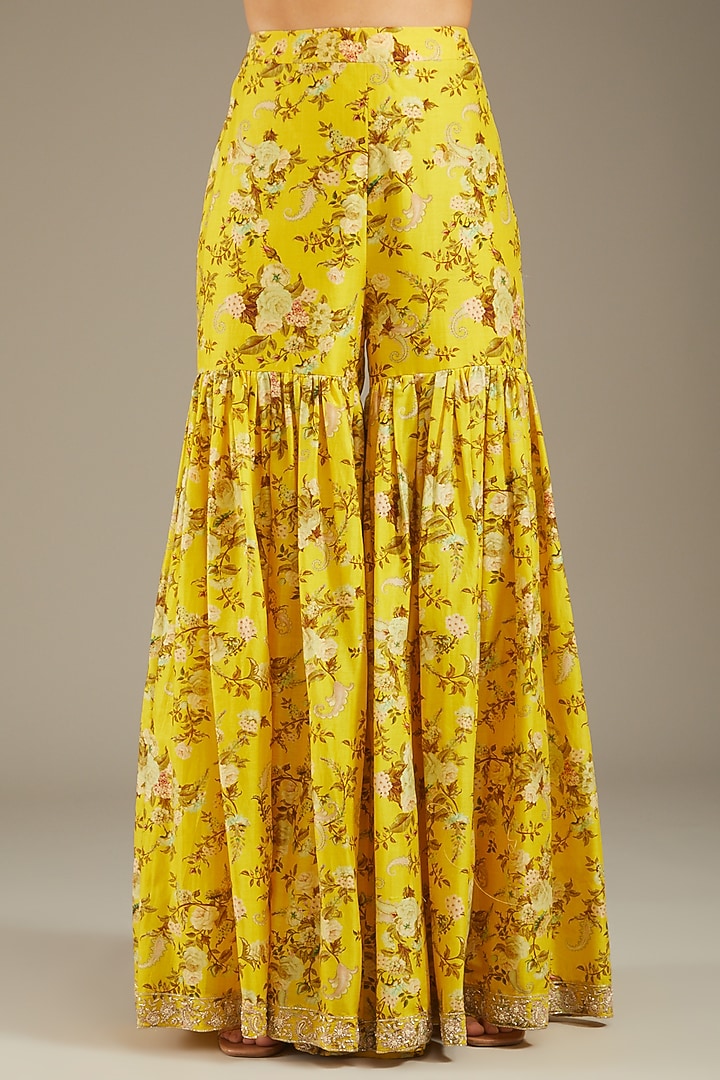 Yellow Georgette Printed & Hand Embroidered Gharara Set by Sana Barreja at Pernia's Pop Up Shop