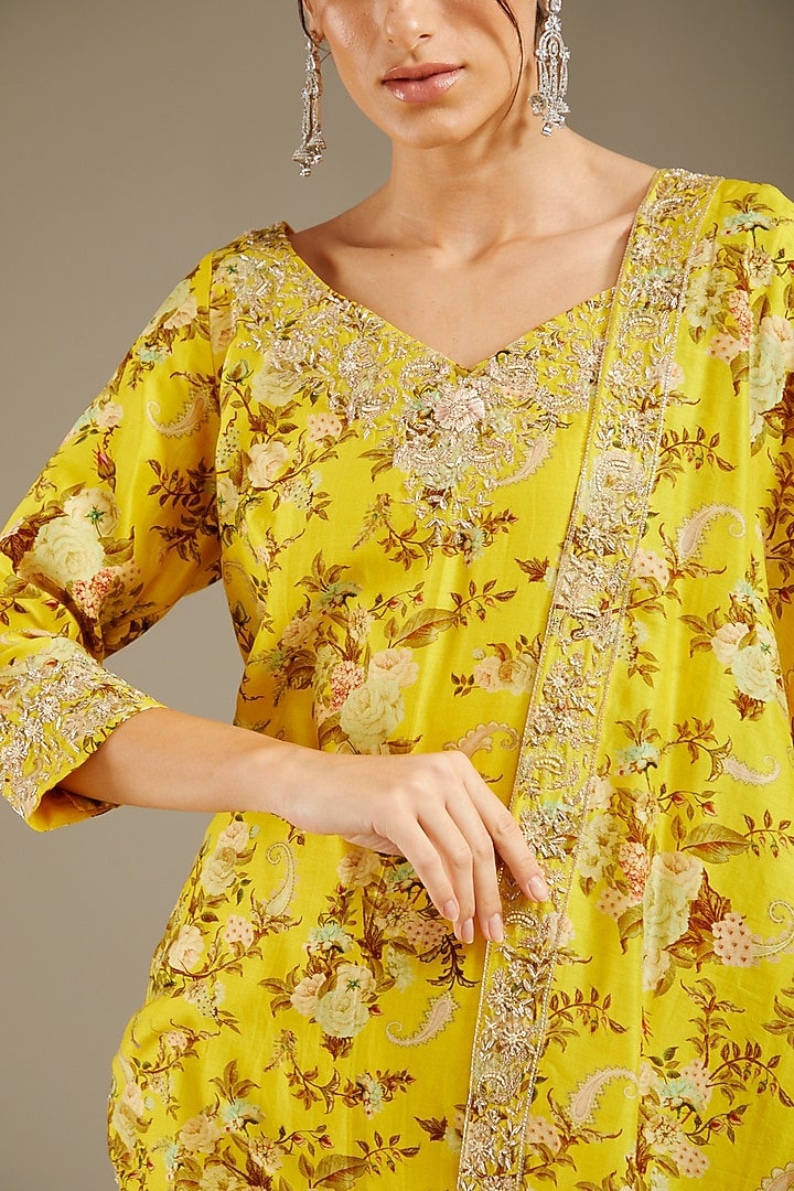 Yellow Georgette Printed & Hand Embroidered Gharara Set by Sana Barreja at Pernia's Pop Up Shop