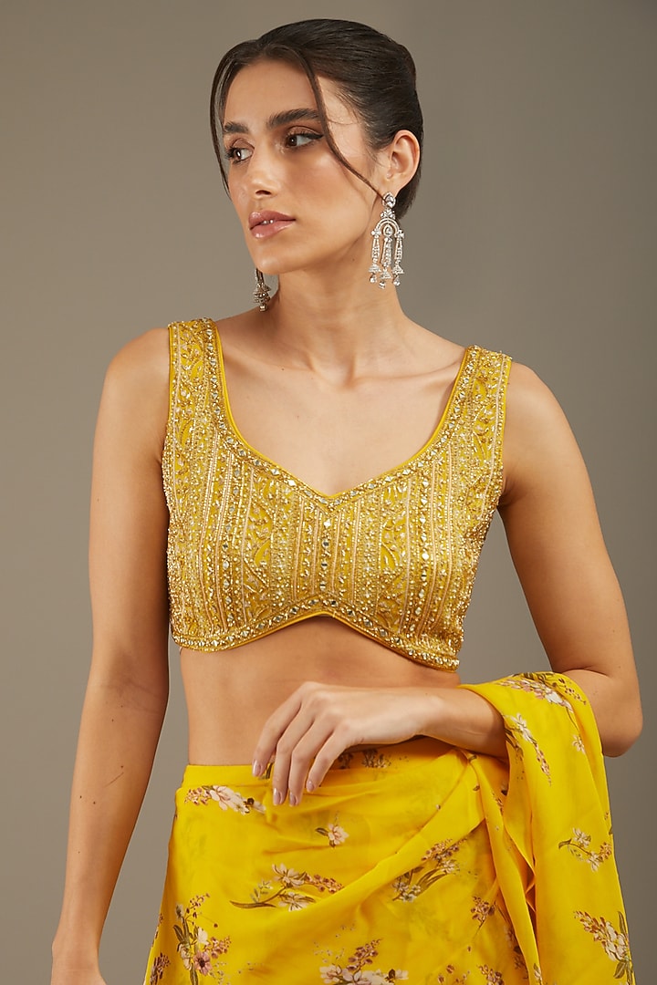 Yellow Georgette Paisley Printed Wedding Saree Set by Sana Barreja at Pernia's Pop Up Shop