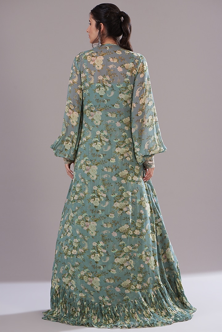 Ice Blue Georgette Printed & Embroidered Jacket Set by Sana Barreja at Pernia's Pop Up Shop
