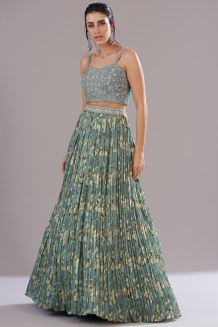 Ice Blue Georgette Printed & Embroidered Jacket Set by Sana Barreja at Pernia's Pop Up Shop