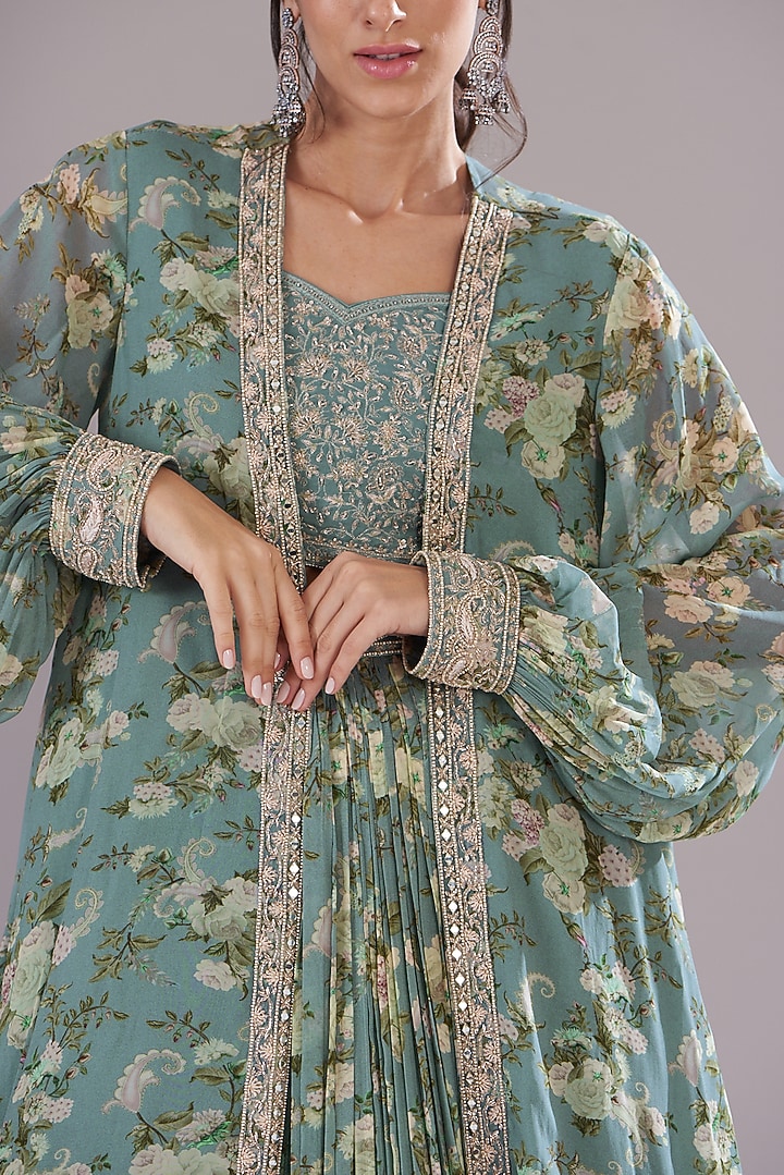 Ice Blue Georgette Printed & Embroidered Jacket Set by Sana Barreja at Pernia's Pop Up Shop