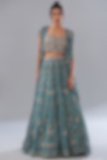 Ice Blue Georgette Printed Skirt Set by Sana Barreja at Pernia's Pop Up Shop