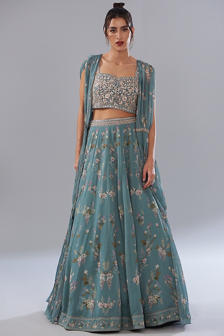 Ice Blue Georgette Printed Skirt Set by Sana Barreja at Pernia's Pop Up Shop