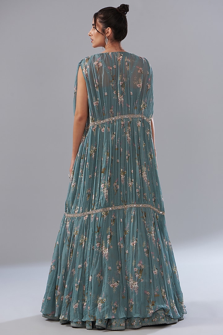 Ice Blue Georgette Printed Skirt Set by Sana Barreja at Pernia's Pop Up Shop