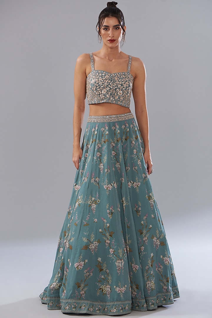 Ice Blue Georgette Printed Skirt Set by Sana Barreja at Pernia's Pop Up Shop