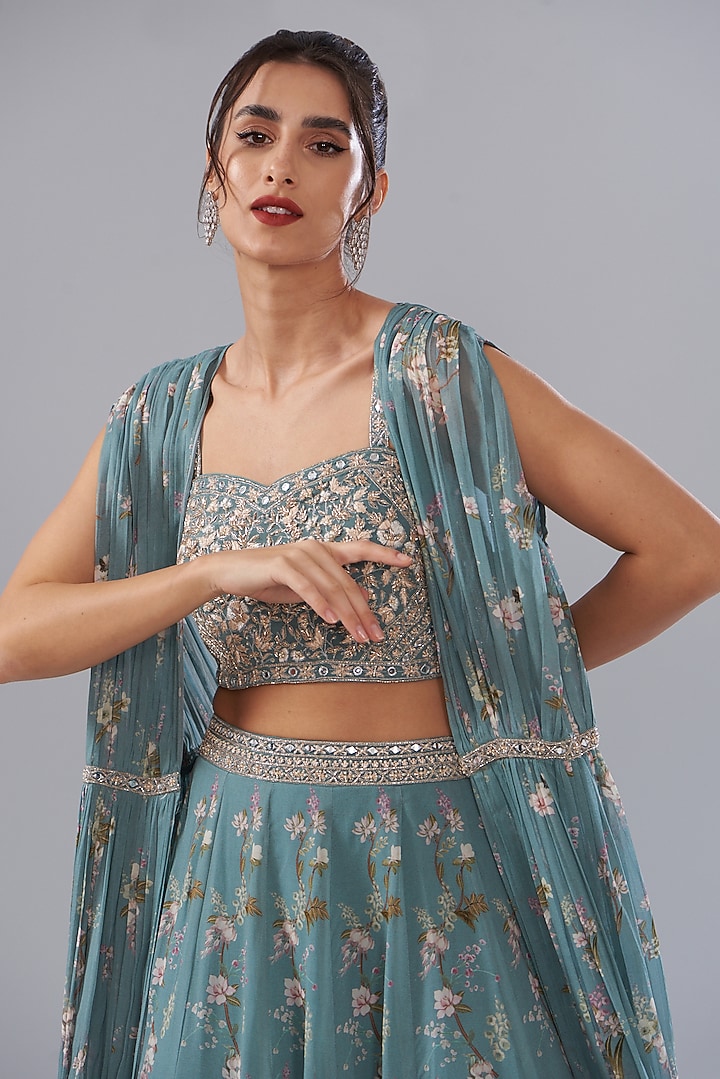 Ice Blue Georgette Printed Skirt Set by Sana Barreja at Pernia's Pop Up Shop