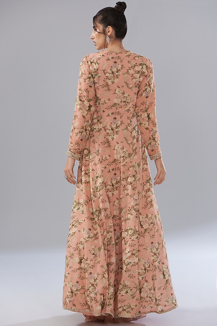 Peach Georgette Paisley Printed Jacket Set by Sana Barreja at Pernia's Pop Up Shop