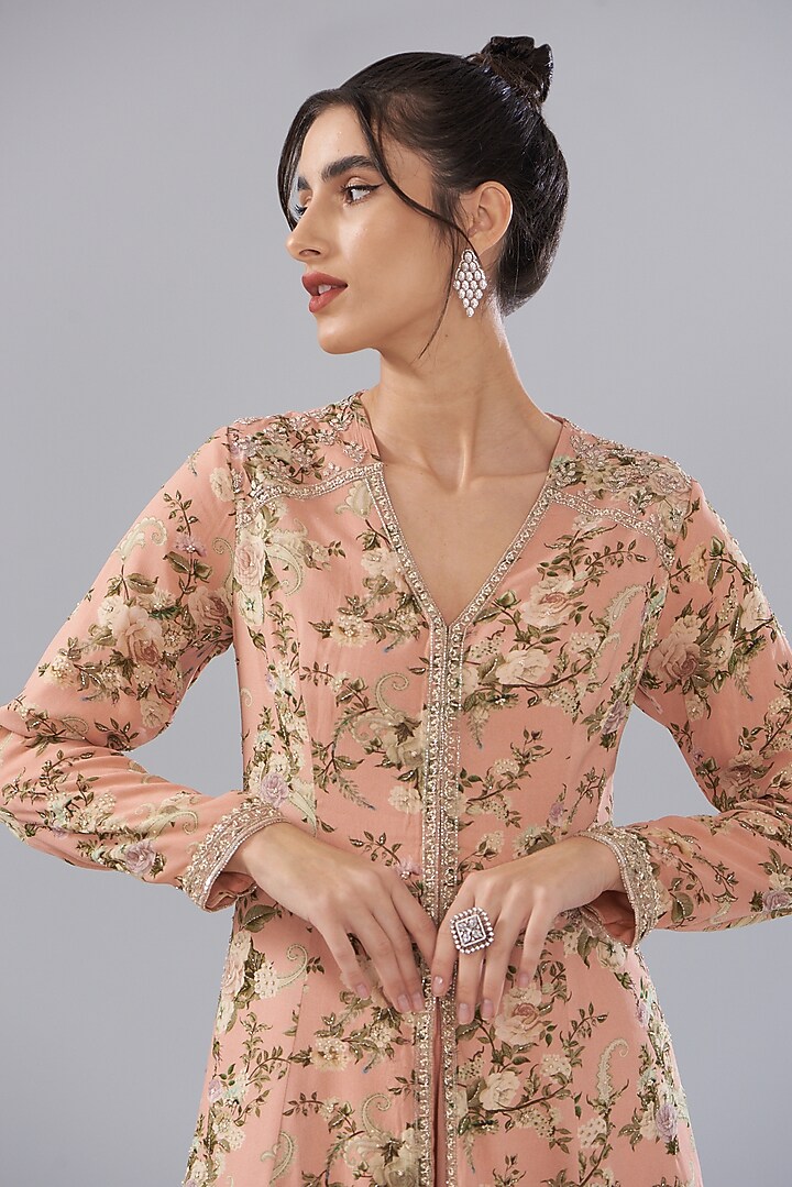 Peach Georgette Paisley Printed Jacket Set by Sana Barreja at Pernia's Pop Up Shop