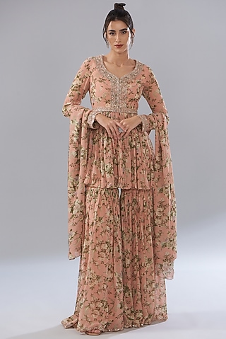 Peach Georgette Paisley Printed Gharara Set by Sana Barreja