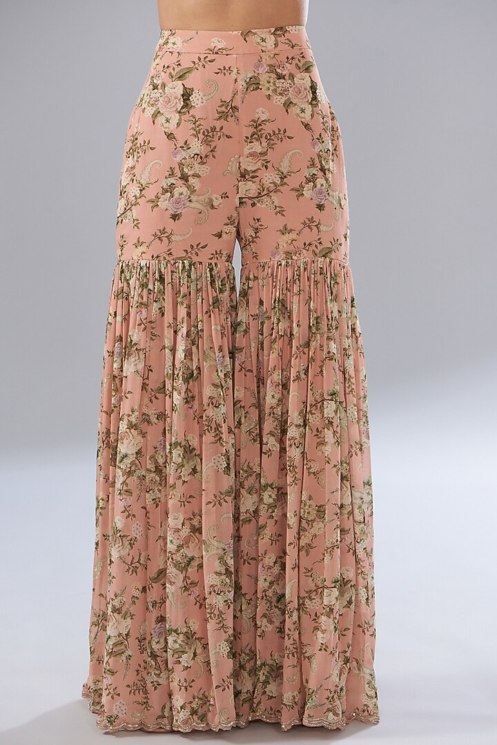 Peach Georgette Paisley Printed Gharara Set by Sana Barreja at Pernia's Pop Up Shop
