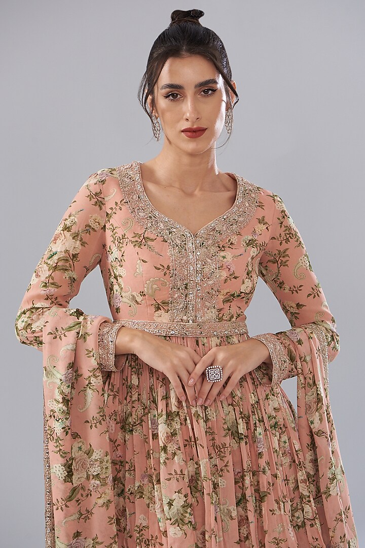 Peach Georgette Paisley Printed Gharara Set by Sana Barreja at Pernia's Pop Up Shop